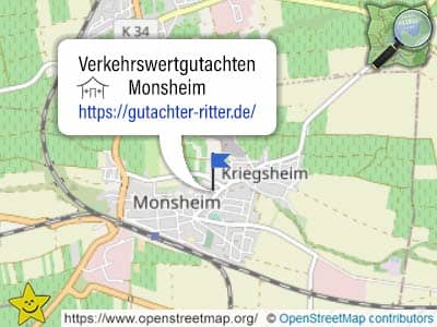 Karte mit Bereich für Verkehrswertgutachten in Monsheim ( Kreis Alzey-Worms)